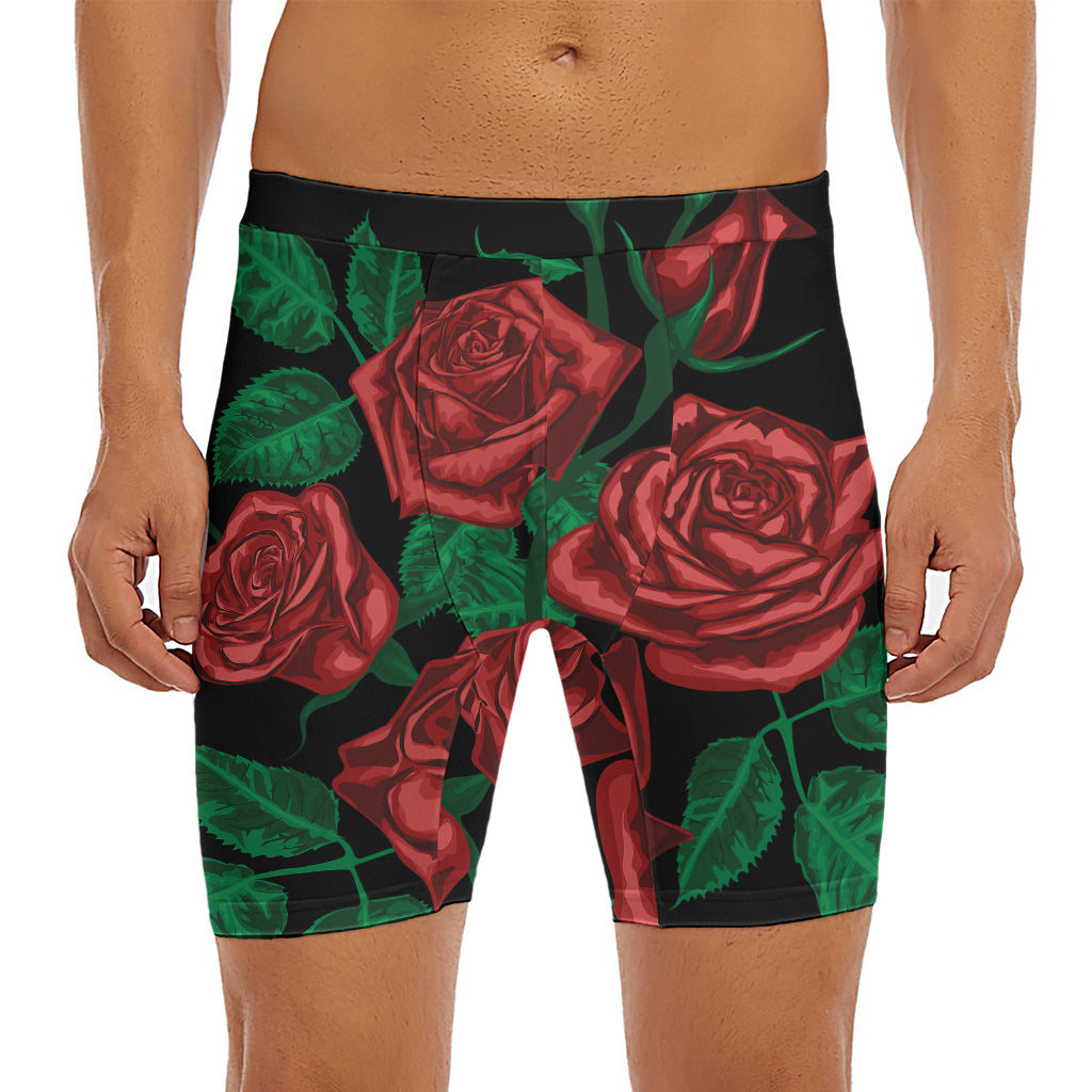 Red Roses Tattoo Print Men's Long Boxer Briefs