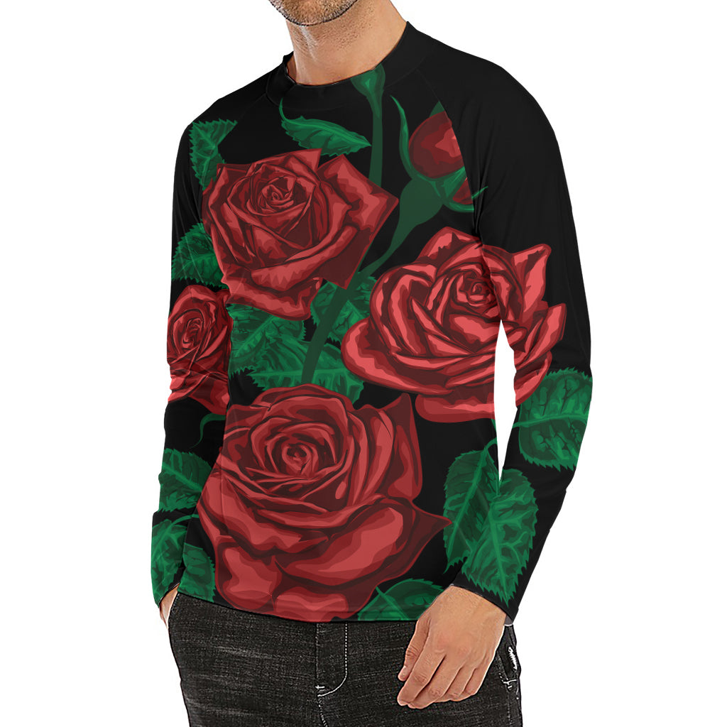 Red Roses Tattoo Print Men's Long Sleeve Rash Guard