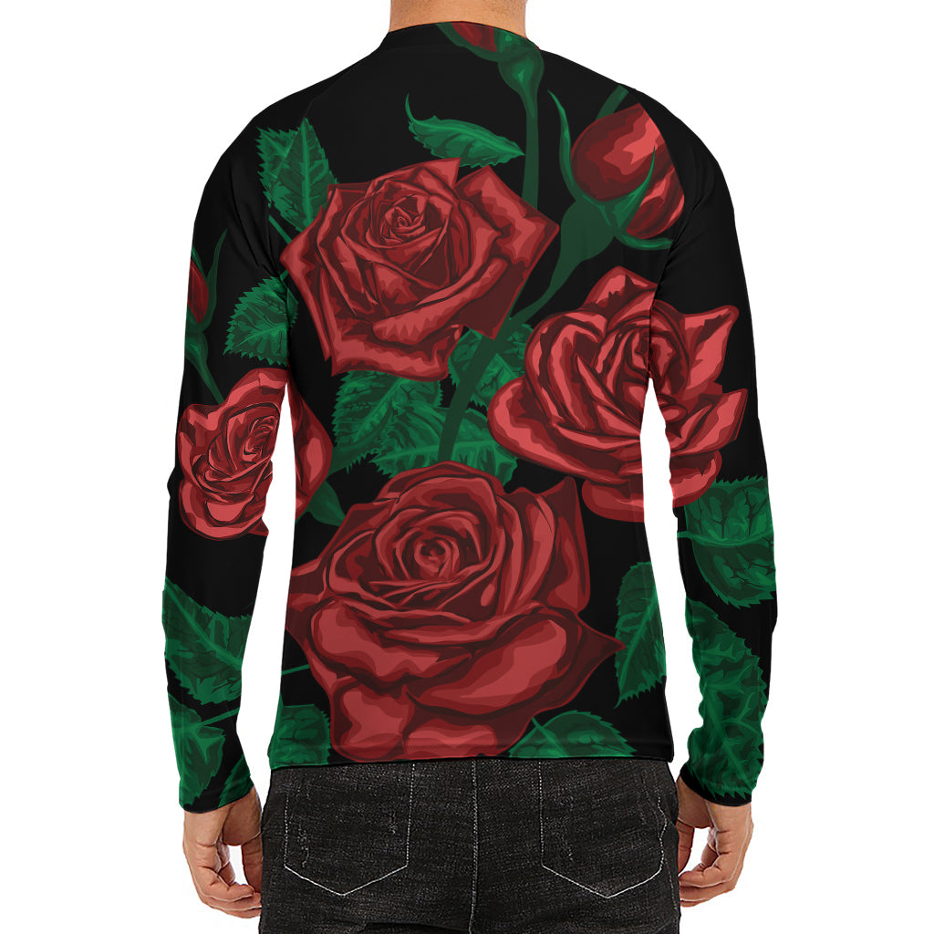 Red Roses Tattoo Print Men's Long Sleeve Rash Guard