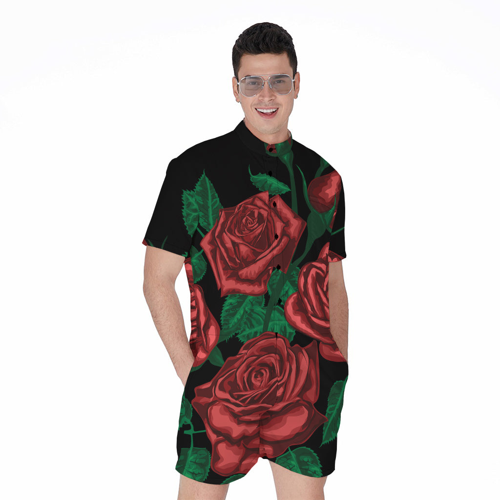 Red Roses Tattoo Print Men's Rompers