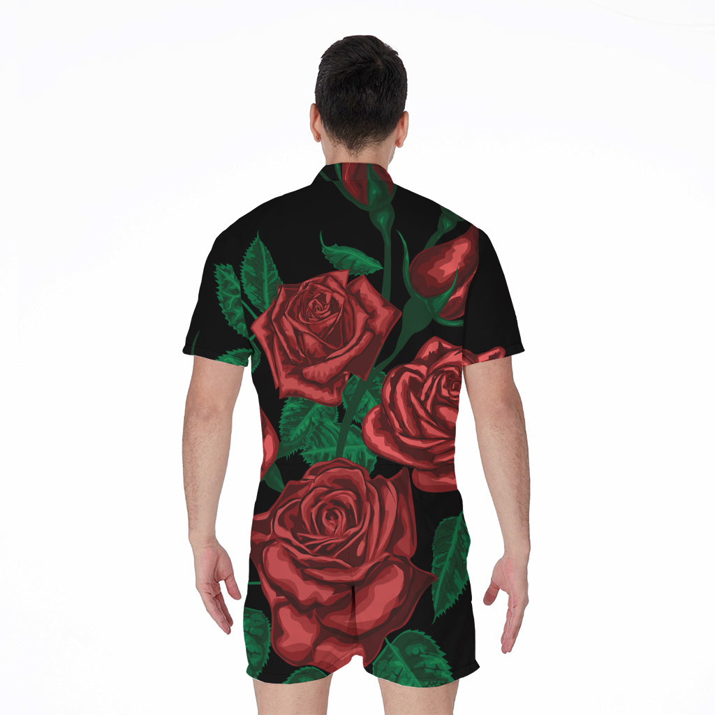 Red Roses Tattoo Print Men's Rompers