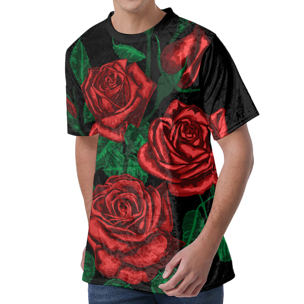 Red Roses Tattoo Print Men's Velvet T-Shirt