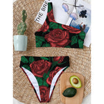 Red Roses Tattoo Print One Shoulder Bikini Top