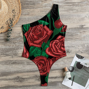 Red Roses Tattoo Print One Shoulder Bodysuit