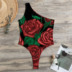 Red Roses Tattoo Print One Shoulder Bodysuit