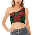 Red Roses Tattoo Print One Shoulder Crop Top