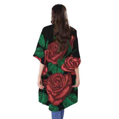 Red Roses Tattoo Print Open Front Beach Cover Up