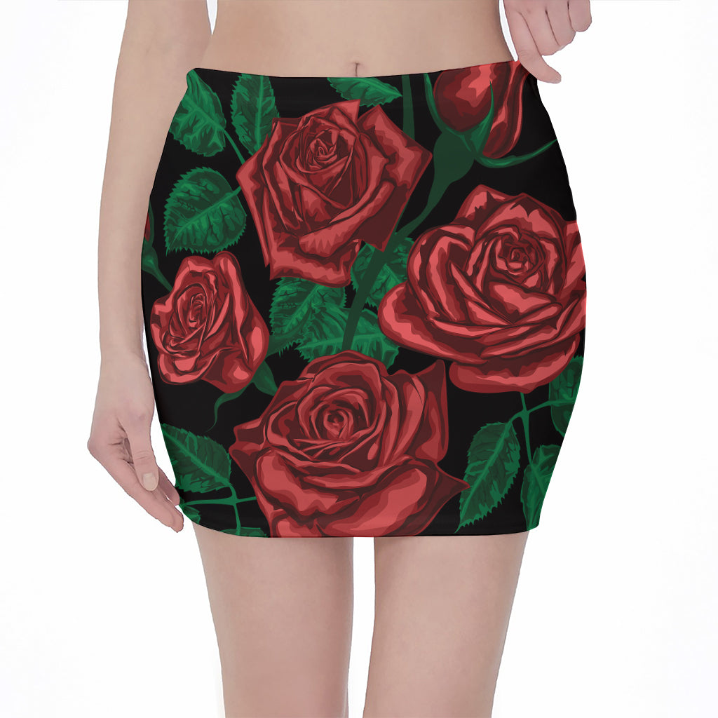 Red Roses Tattoo Print Pencil Mini Skirt