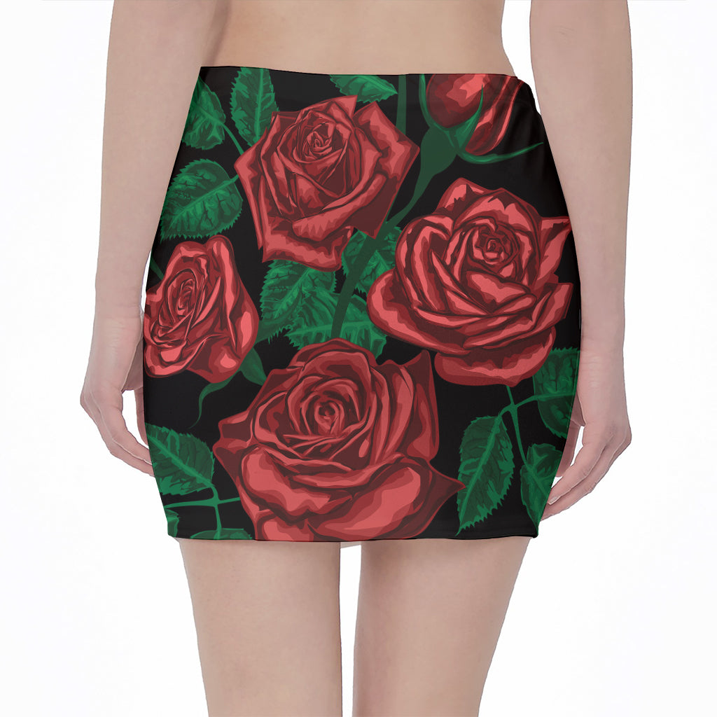 Red Roses Tattoo Print Pencil Mini Skirt