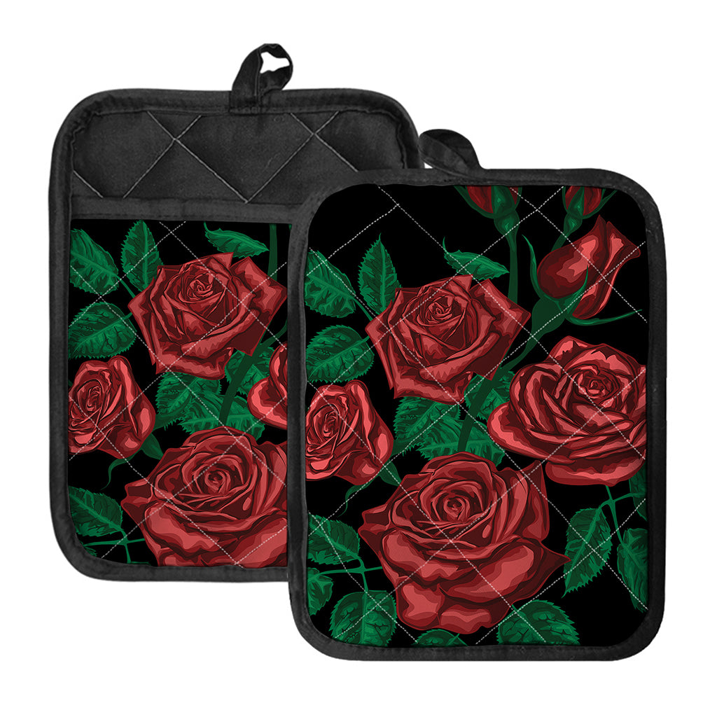 Red Roses Tattoo Print Pot Holders With Pocket