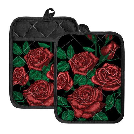 Red Roses Tattoo Print Pot Holders With Pocket