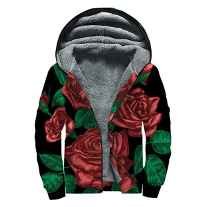 Red Roses Tattoo Print Sherpa Lined Zip Up Hoodie