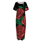 Red Roses Tattoo Print Short Sleeve Long Nightdress