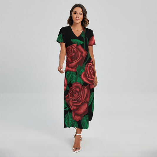Red Roses Tattoo Print Short Sleeve Maxi Dress