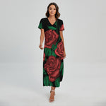 Red Roses Tattoo Print Short Sleeve Maxi Dress