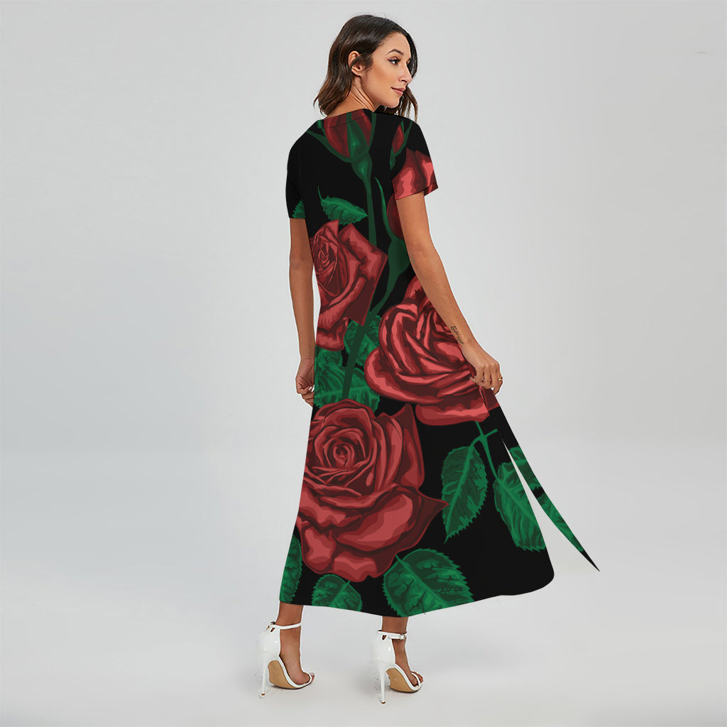 Red Roses Tattoo Print Short Sleeve Maxi Dress