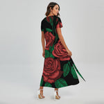 Red Roses Tattoo Print Short Sleeve Maxi Dress