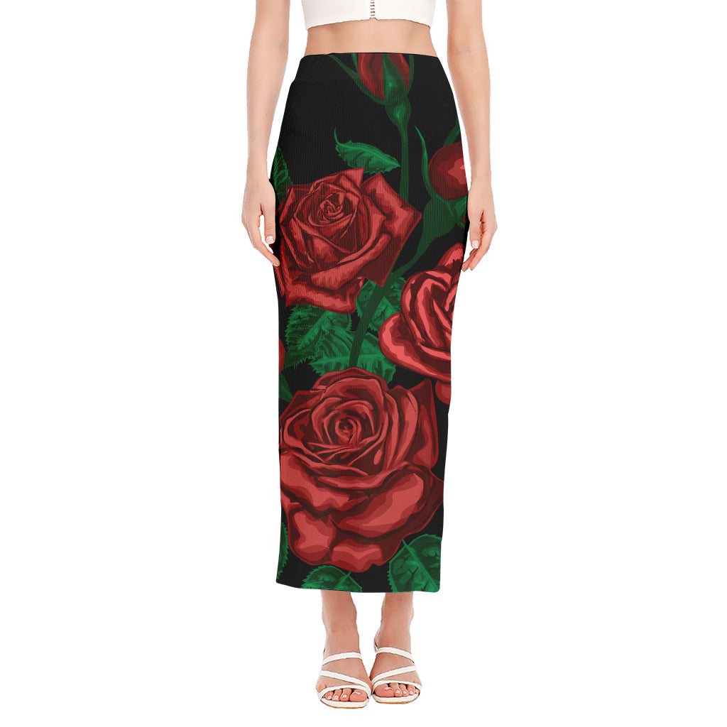 Red Roses Tattoo Print Side Slit Maxi Skirt