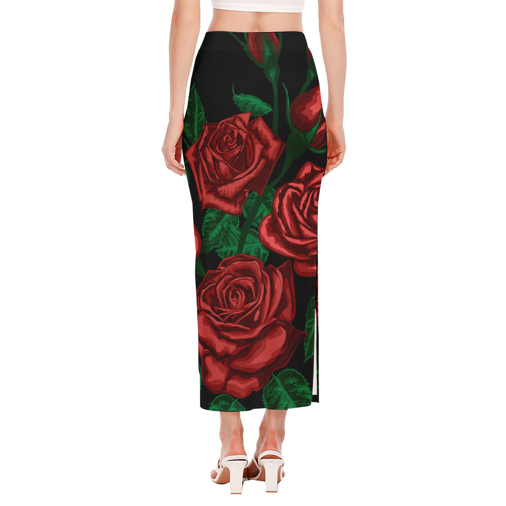 Red Roses Tattoo Print Side Slit Maxi Skirt