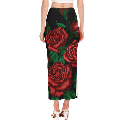 Red Roses Tattoo Print Side Slit Maxi Skirt