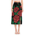 Red Roses Tattoo Print Side Slit Midi Skirt