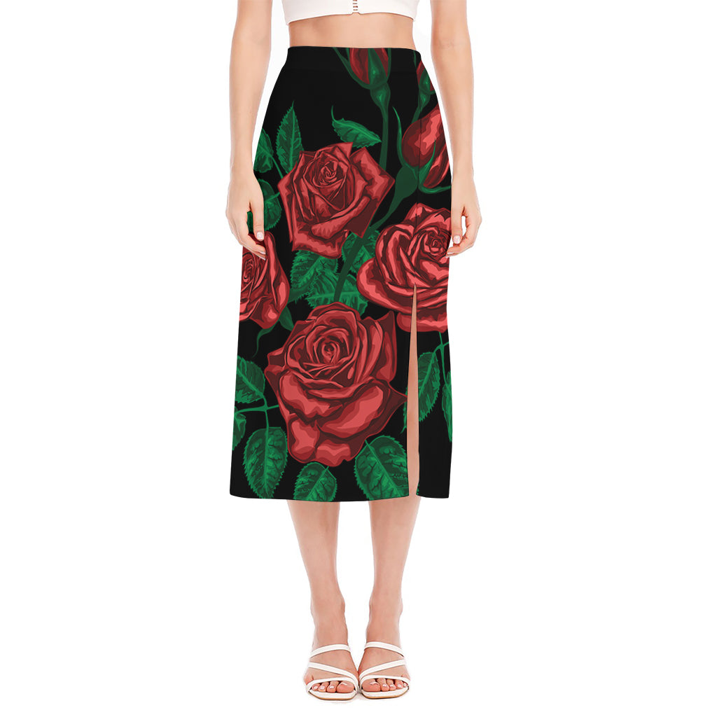 Red Roses Tattoo Print Side Slit Midi Skirt