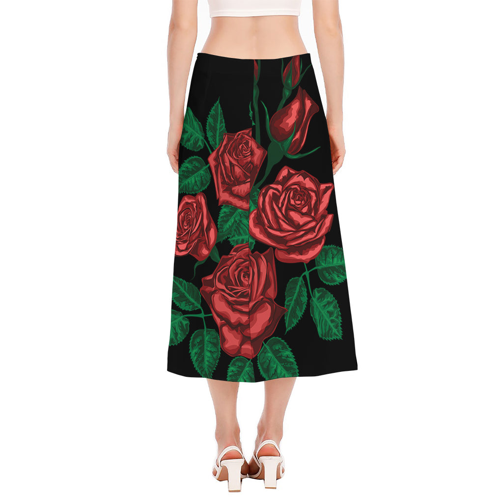 Red Roses Tattoo Print Side Slit Midi Skirt