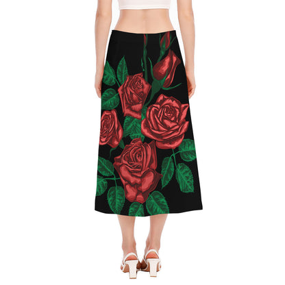 Red Roses Tattoo Print Side Slit Midi Skirt