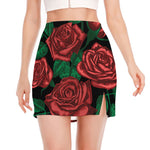 Red Roses Tattoo Print Side Slit Mini Skirt
