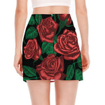 Red Roses Tattoo Print Side Slit Mini Skirt