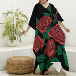 Red Roses Tattoo Print Silk V-Neck Kaftan Dress