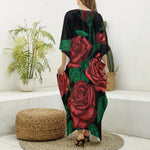 Red Roses Tattoo Print Silk V-Neck Kaftan Dress