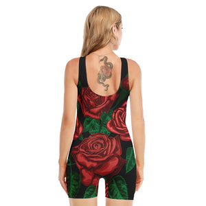 Red Roses Tattoo Print Sleeveless One Piece Swimsuit