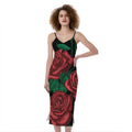 Red Roses Tattoo Print Slim Fit Midi Cami Dress