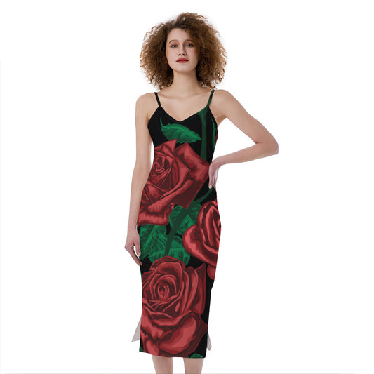 Red Roses Tattoo Print Slim Fit Midi Cami Dress