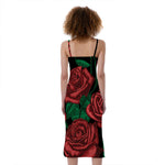 Red Roses Tattoo Print Slim Fit Midi Cami Dress