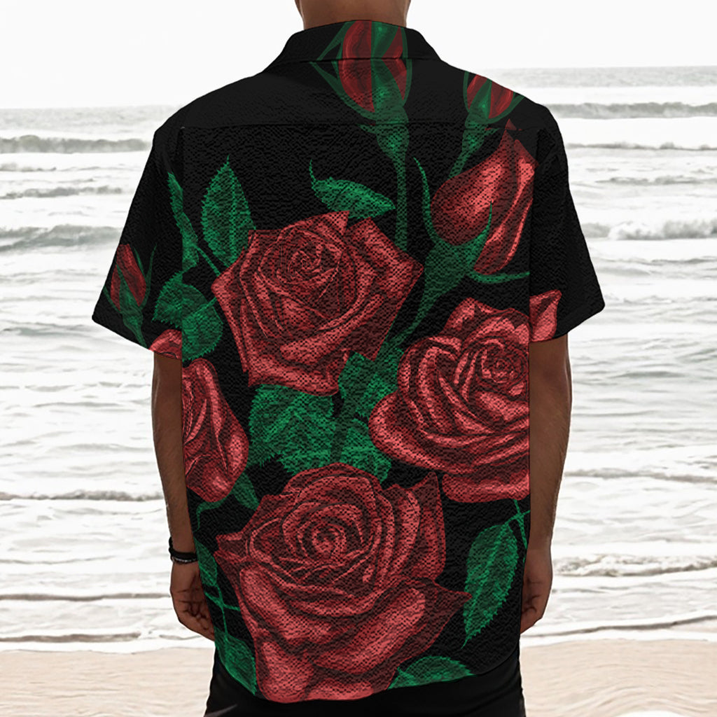 Red Roses Tattoo Print Textured Short Sleeve Shirt