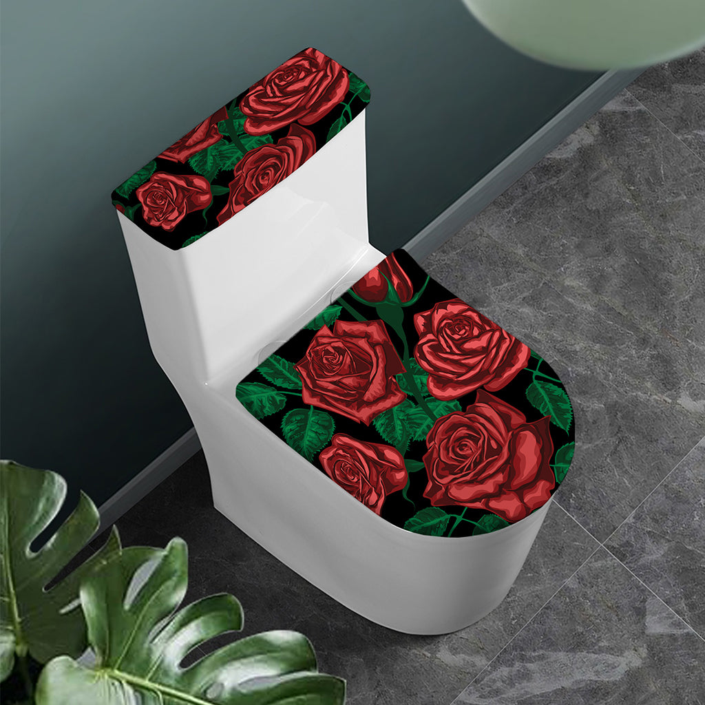 Red Roses Tattoo Print Toilet Lid And Tank Cover Set