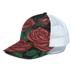 Red Roses Tattoo Print White Mesh Trucker Cap