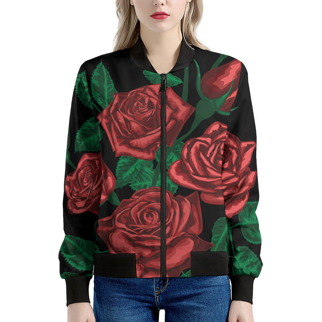 Red Roses Tattoo Print Women's Bomber Jacket