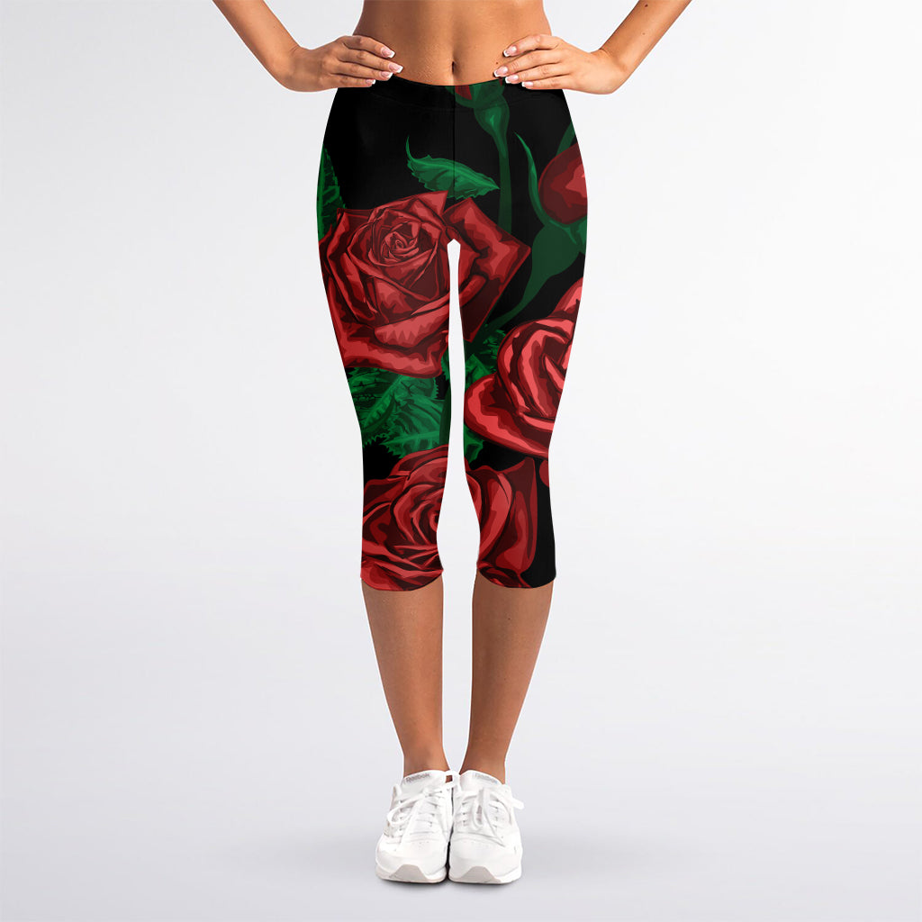 Red Roses Tattoo Print Women's Capri Leggings