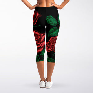 Red Roses Tattoo Print Women's Capri Leggings