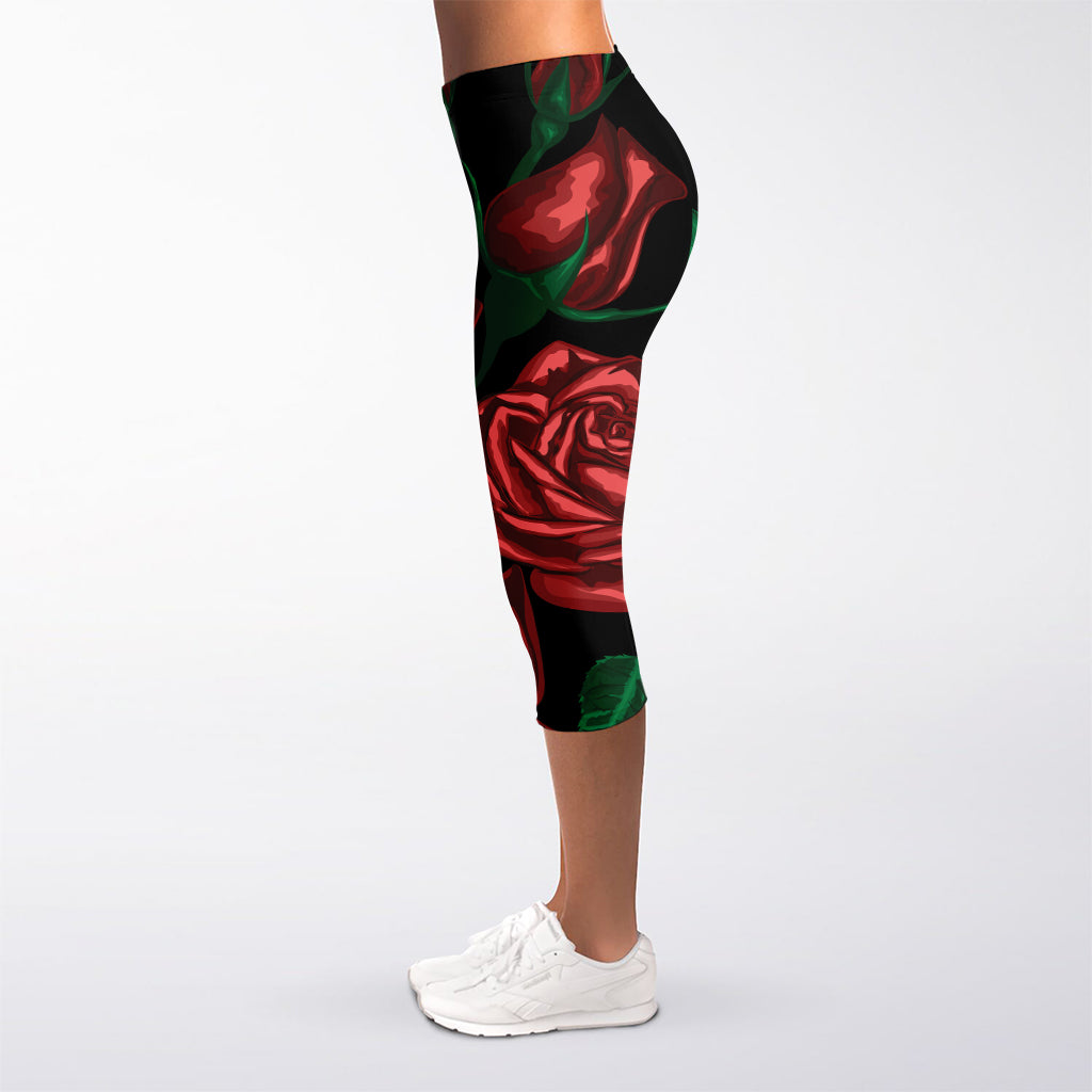 Red Roses Tattoo Print Women's Capri Leggings