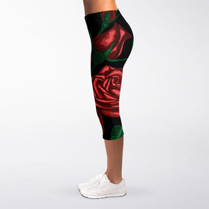 Red Roses Tattoo Print Women's Capri Leggings