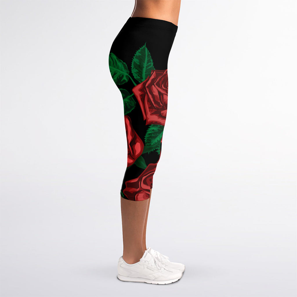 Red Roses Tattoo Print Women's Capri Leggings