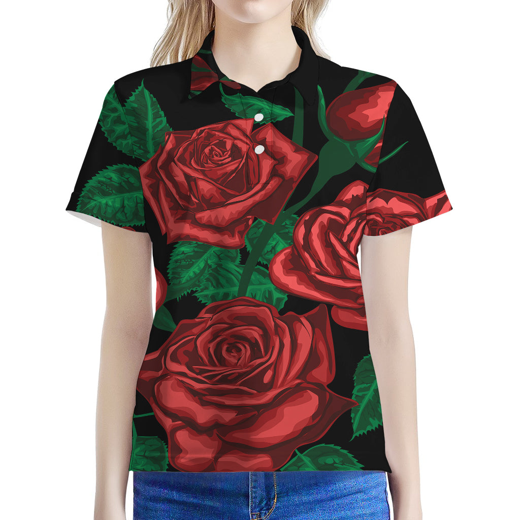 Red Roses Tattoo Print Women's Polo Shirt