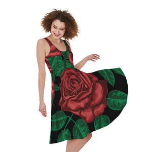 Red Roses Tattoo Print Women's Sleeveless Dress