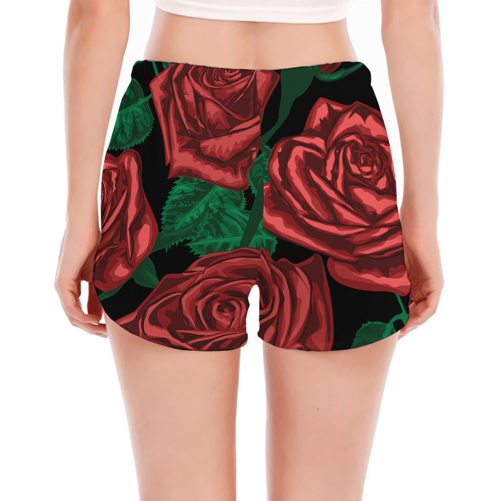 Red Roses Tattoo Print Women's Split Running Shorts