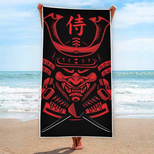 Red Samurai Mask Print Beach Towel