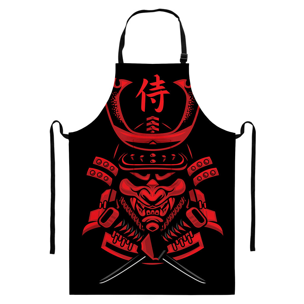 Red Samurai Mask Print Bib Apron With Pocket